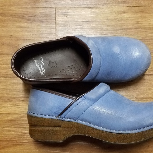 blue suede clogs